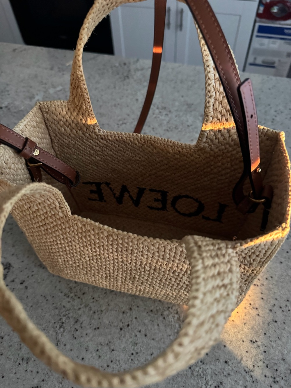 Loewe Natural Straw Tote with Black Logo and Brown Strap - Picture 4 of 4